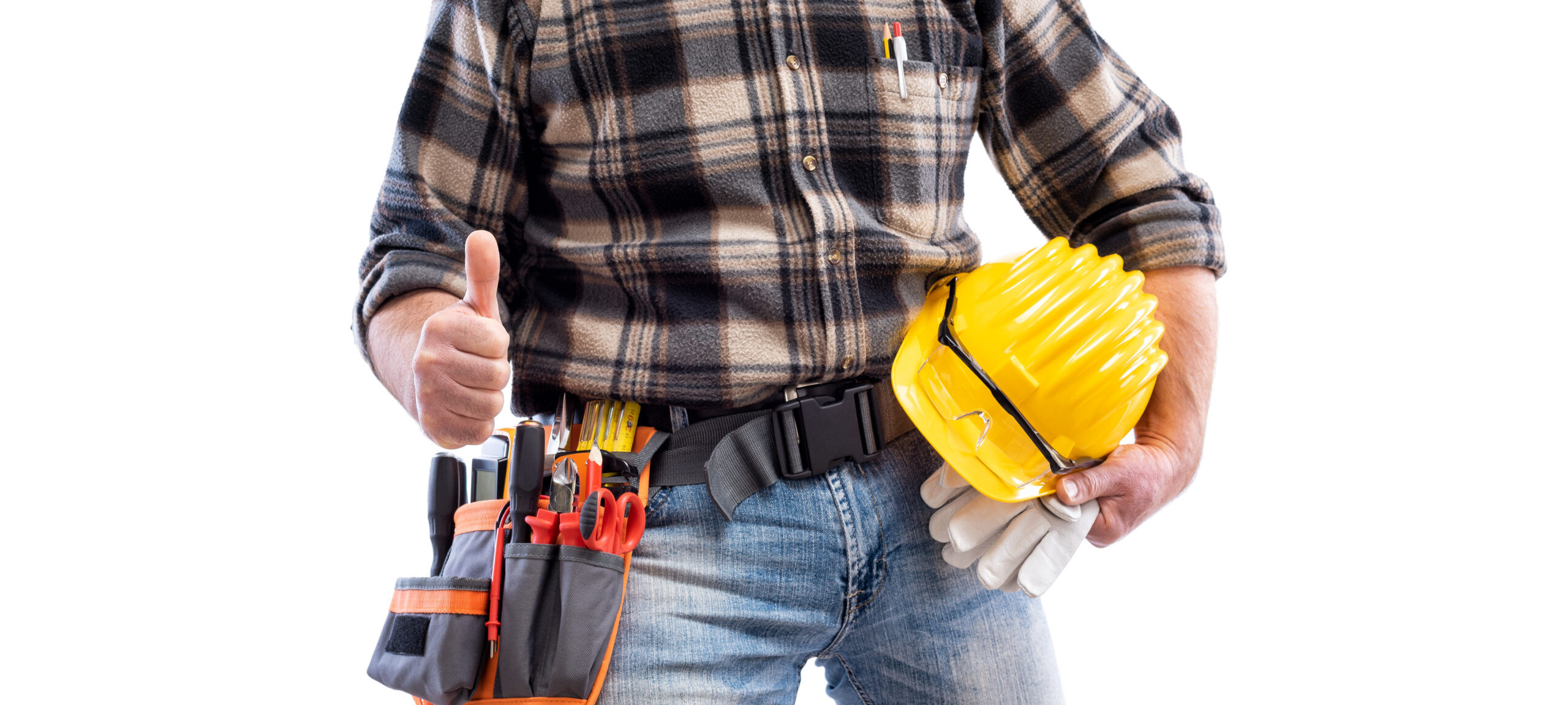 An electrician makes the 'OK' sign with a thumbs-up. Representing the construction industry and electrical systems. Isolated on a white background. Ready anytime.